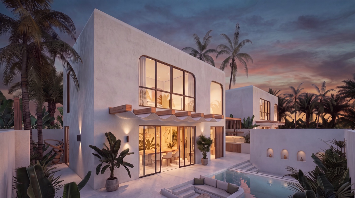 A cinematic villa captured at twilight